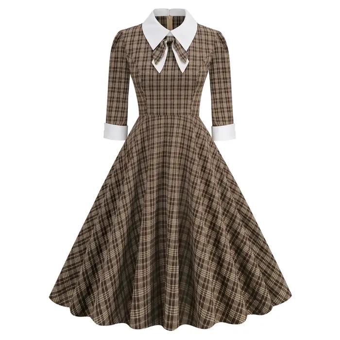 Robe de Style britannique rétro pour femmes, col chemise contrasté, nœud papillon, à carreaux, manch