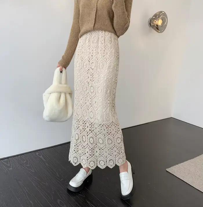 Femmes Sweat jupes droite géométrique évider jupe douce décontracté haute taille élastique jupe ampl
