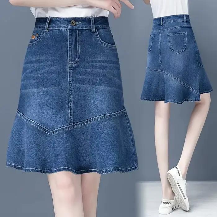 Jupe en jean pour femmes printemps été taille haute à volants a-ligne jupe en jean dames paquet hanc
