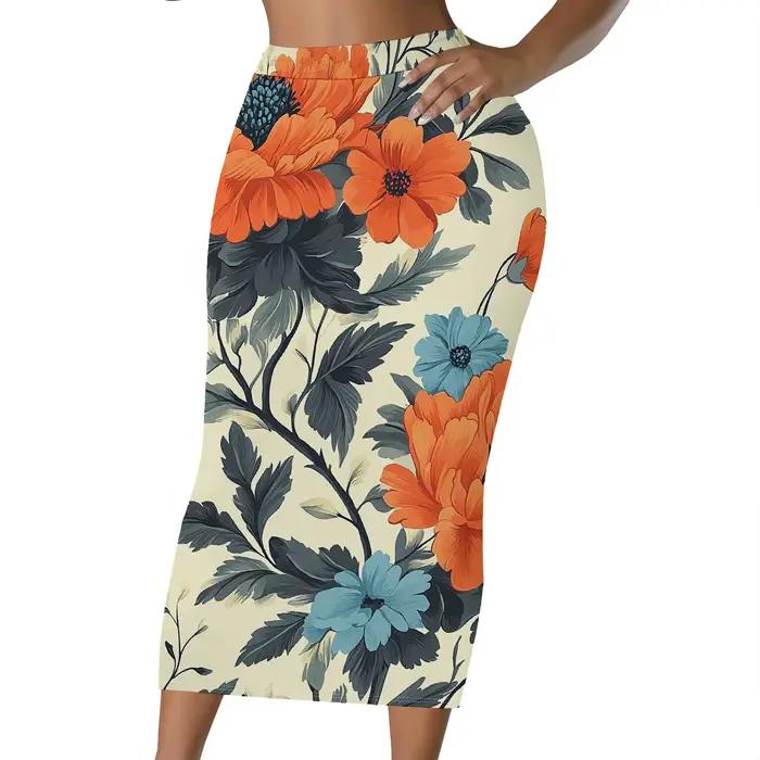 Jupe crayon florale, jupe midi imprimée orange et bleue, jupe moulante taille haute, tenue de bureau
