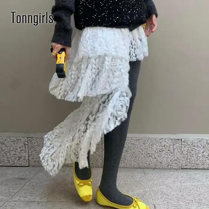 Tonngirls-Jupe irrégulière Kawaii pour femme, jupes taille haute en dentelle blanche, jupes mi-longu