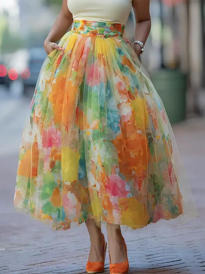 Jupe midi en tulle à imprimé floral, taille haute, plissée, coupe trapèze, fluide, élégante, imprimé
