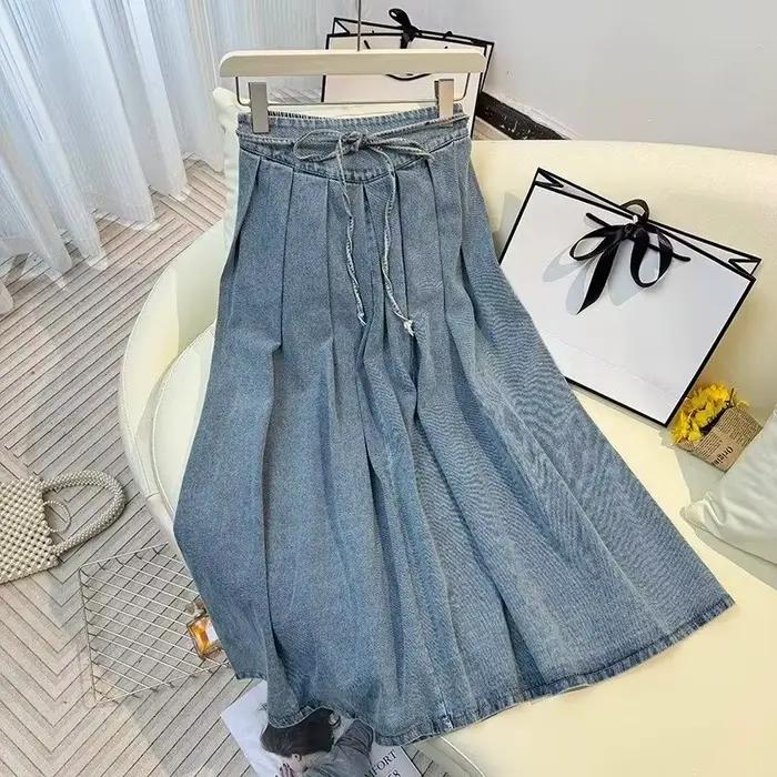 Jupes en jean pour femmes, mi-longues, coupe trapèze, taille haute, ajustées, plissées, décontractée