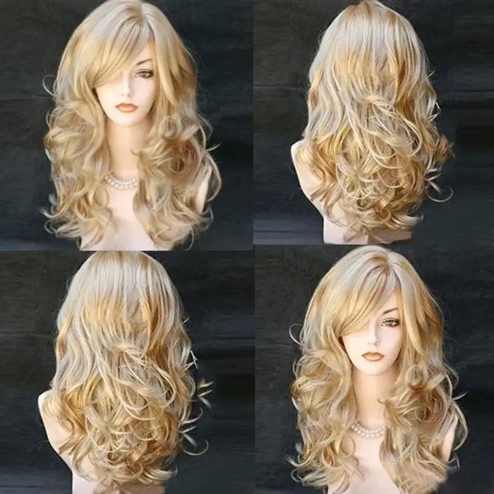 Perruque longue bouclée blonde, cheveux synthétiques ondulés naturels pour femme, usage quotidien, f