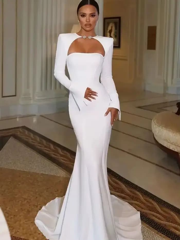 Élégant blanc à manches longues femmes robes de soirée 2025 sirène robes de bal balayage train dos n