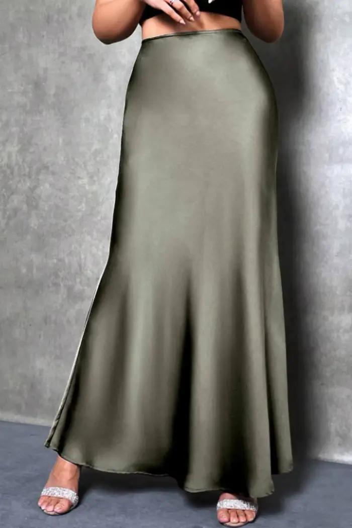 Jupe midi trapèze élégante en satin semblable à de la soie, taille haute et queue de sirène pour fem