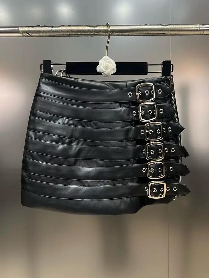 DEAT Mini-jupe tendance pour femme en similicuir PU à ceintures multiples, Nouveautés Mode Printemps
