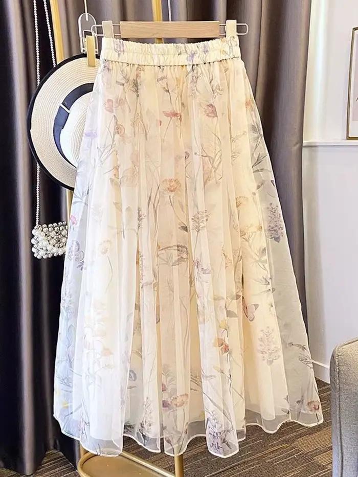 Jupes longues en mousseline florale pour femmes, taille haute, amples, élégantes, style coréen chic,