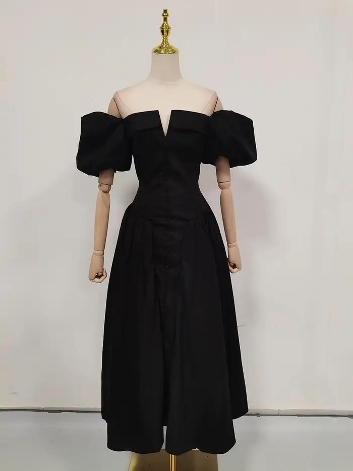 VGH-Jupe ronde de danse vintage pour femme, col carré, manches bouffantes, taille haute, patchwork, 