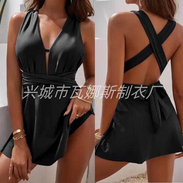 Maillot de bain une pièce pour femmes, décolleté en v profond, dos nu, jupe d'été, noir, sans manche