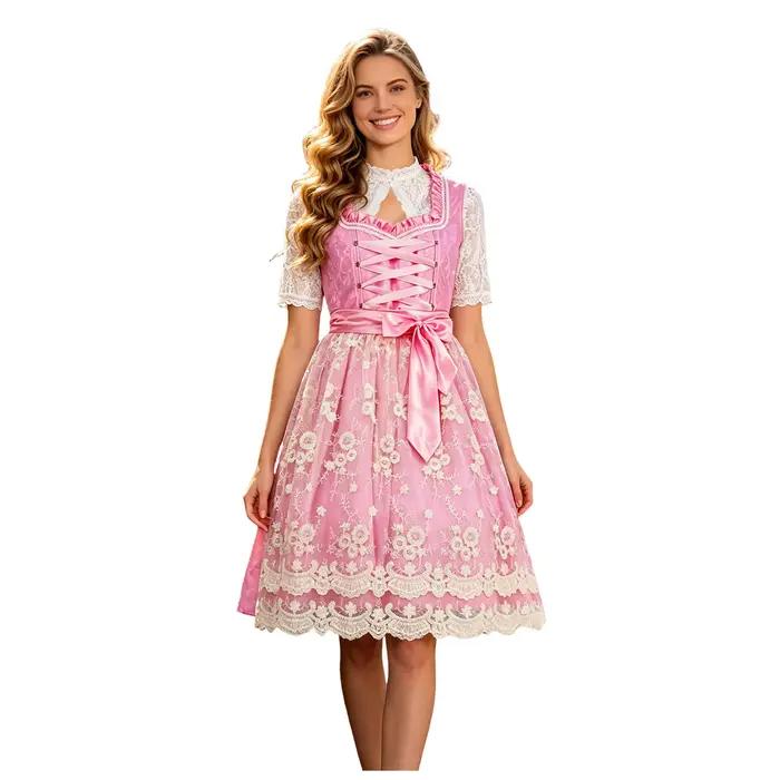 Robe de soirée traditionnelle rouge mi-longue pour femmes, robe Dirndl avec tablier pour l'Oktoberfe