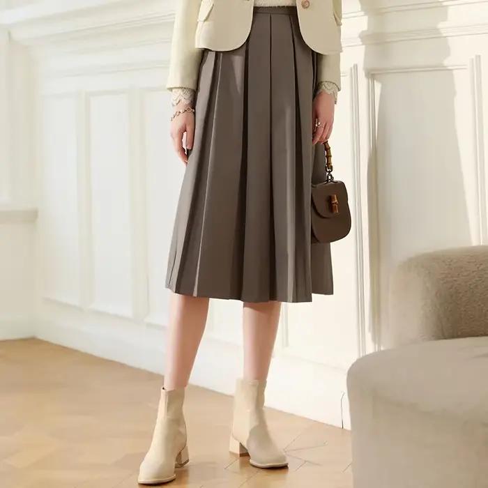 I BELIEVE YOU-Jupe midi plissée pour femme, taille haute, style preppy, coupe trapèze, taupe, trempé