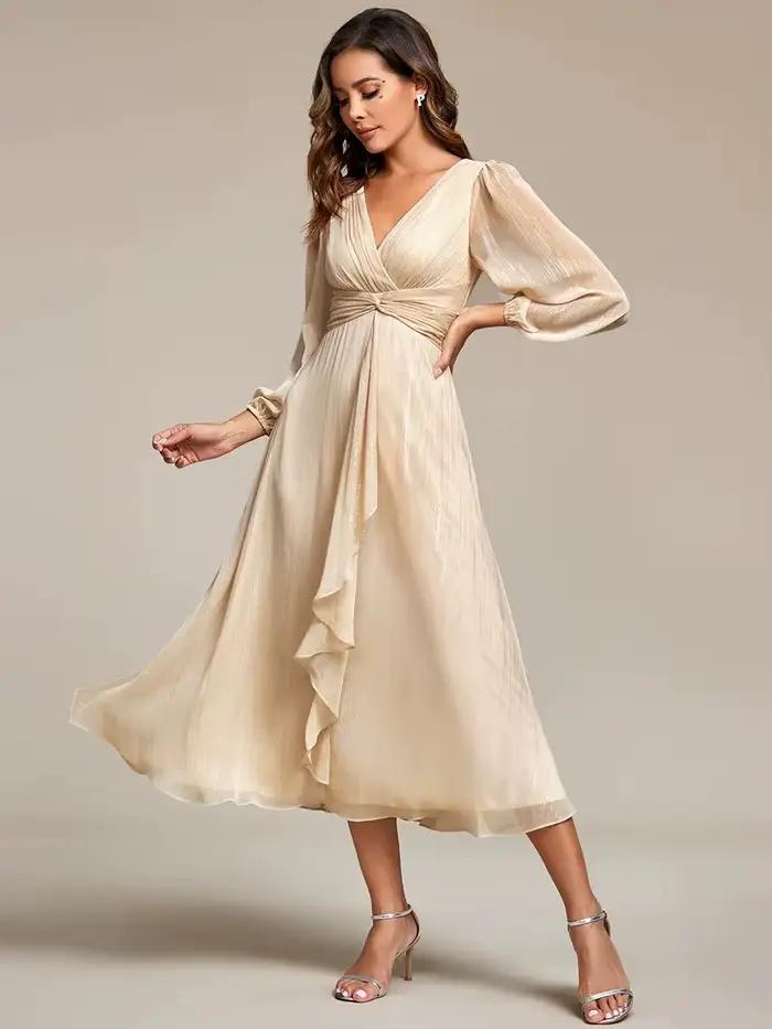 Robes de soirée élégantes, col en V profond, manches longues, longueur genou, Ever Pretty, en mousse