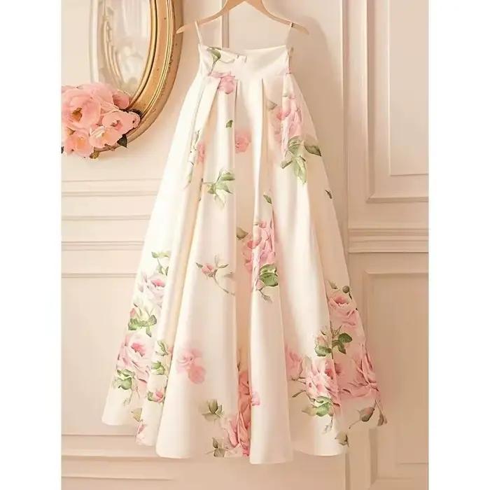 2025 été jupe longue femmes coréen blanc en mousseline de soie fleur imprimé taille haute jupe midi 
