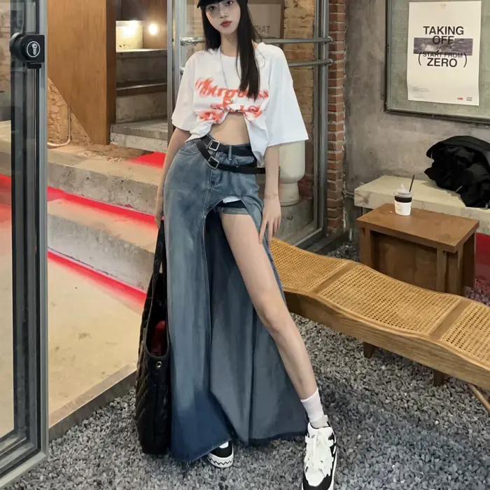 Jupe en jean taille haute pour femme, design super haut, jupe longue amincissante, rétro, fille épic