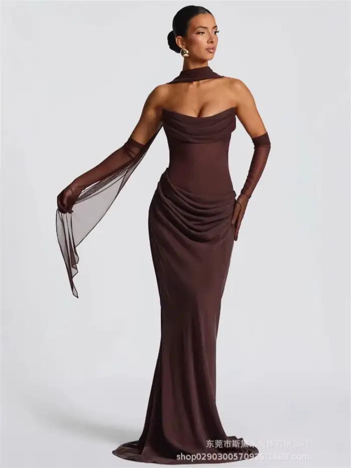 Robe de bal marron pour femmes, avec écharpe, Sexy, sans bretelles, sans manches, dos à lacets, long