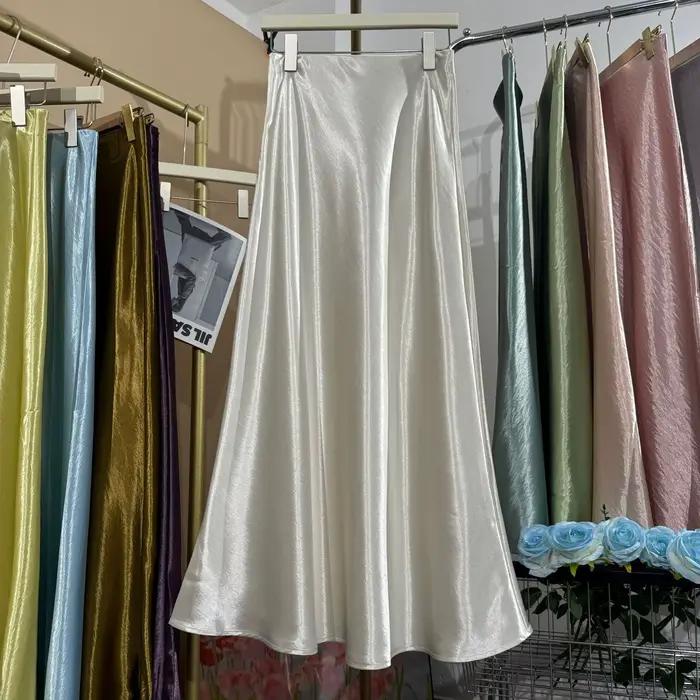 Jupe mi-longue en Satin brillant pour femmes, élégante, silencieuse, luxe, basique, taille élastique