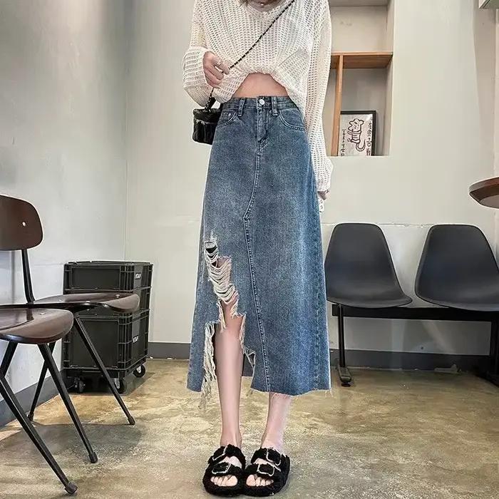Jupe en jean femme taille haute avec fente déchiré femme jean jupes Chic et élégant luxe mode coréen