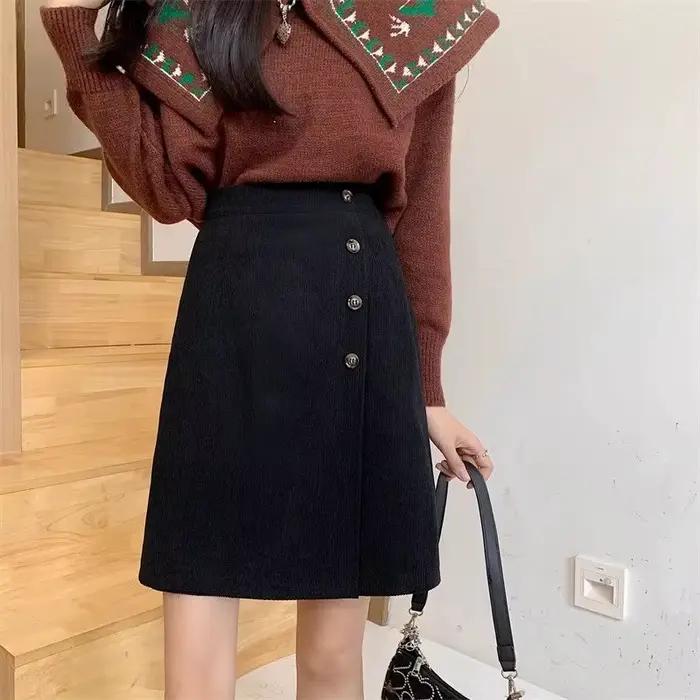 Taille haute fermeture éclair velours côtelé Vintage a-ligne jupe automne hiver mince solide tout-ma
