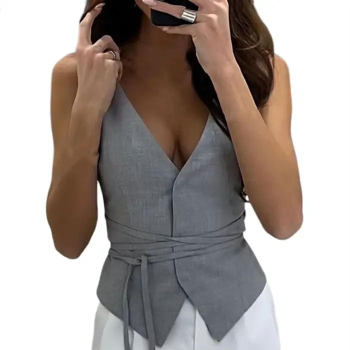 Femmes gilet court Sexy col en V sans manches poches gilet veste bureau dame simple boutonnage décon