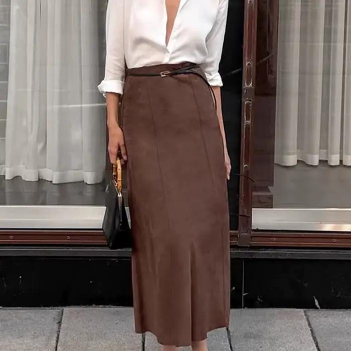 Demi-jupes en daim vintage pour femmes, élégantes, plissées, fermeture éclair, taille haute, mince, 