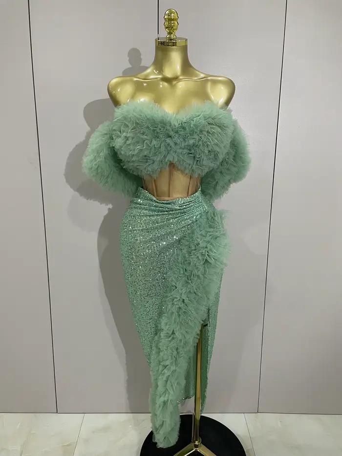 Paillettes brillantes haut jupe courte deux pièces ensemble 2025 femmes Sexy célébrer soirée bal fêt