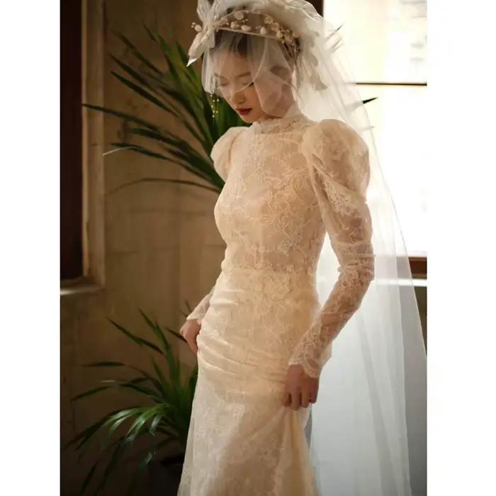 Robe de mariée légère française rétro, manches longues, queue de poisson, en dentelle, pour photogra