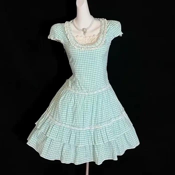 Robe vintage japonaise à carreaux pour femme, manches courtes bouffantes, bordure en dentelle, taill