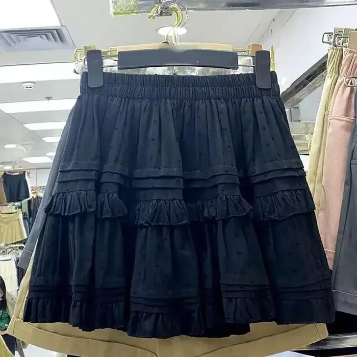 Mini-jupes noires pour femmes, style décontracté français, taille haute, coupe trapèze, à volants et