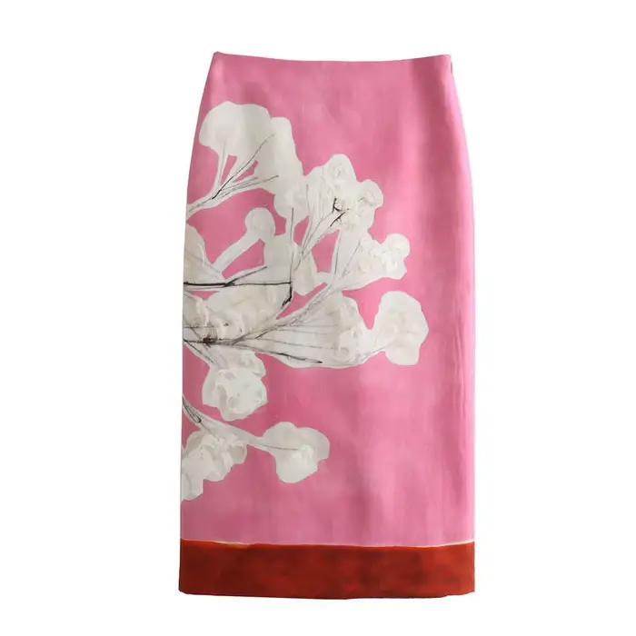 Jupe crayon mi-longue en lin mélangé pour femmes, taille haute, fermeture éclair, imprimé floral con