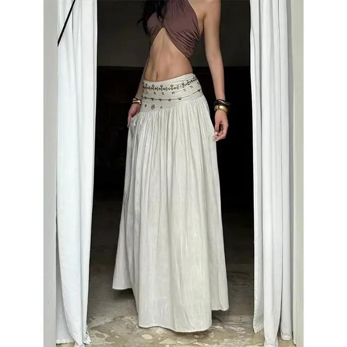 Jupe midi vintage à perles pour femmes, vacances, plage, taille basse, jupes d'été, vêtements de rue