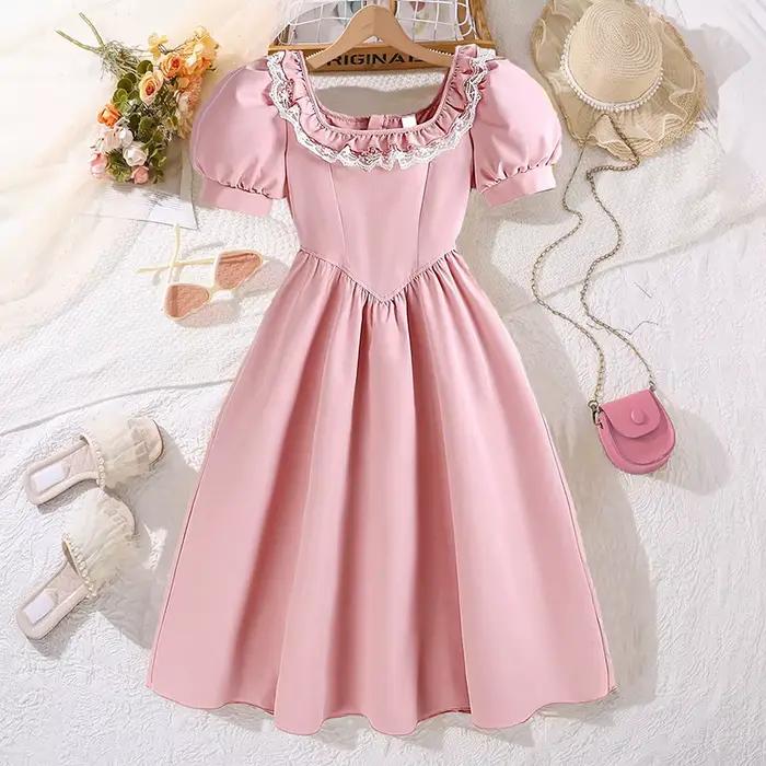 Robe jupe longue rose douce et élégante pour filles de 8 à 12 ans, col carré, manches bulles, robe d