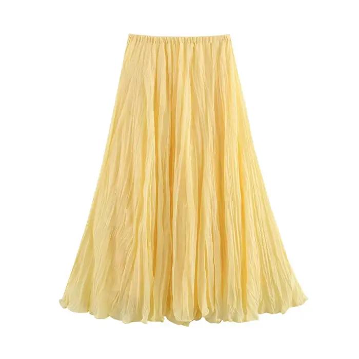 HH femmes élégant jaune plissé longues jupes taille élastique ample décontracté taille haute jupe fe