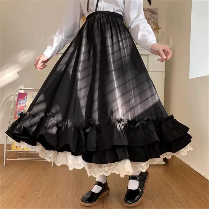 Style coréen noir blanc demi-jupe femme jupes longues japonais couleur unie Double couche Vintage fr