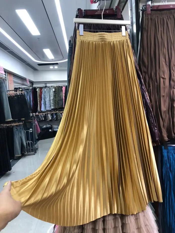 TingYiLi-Jupe longue plissée pour femme, taille haute, vintage, brillante, dorée, argentée, bleue, v