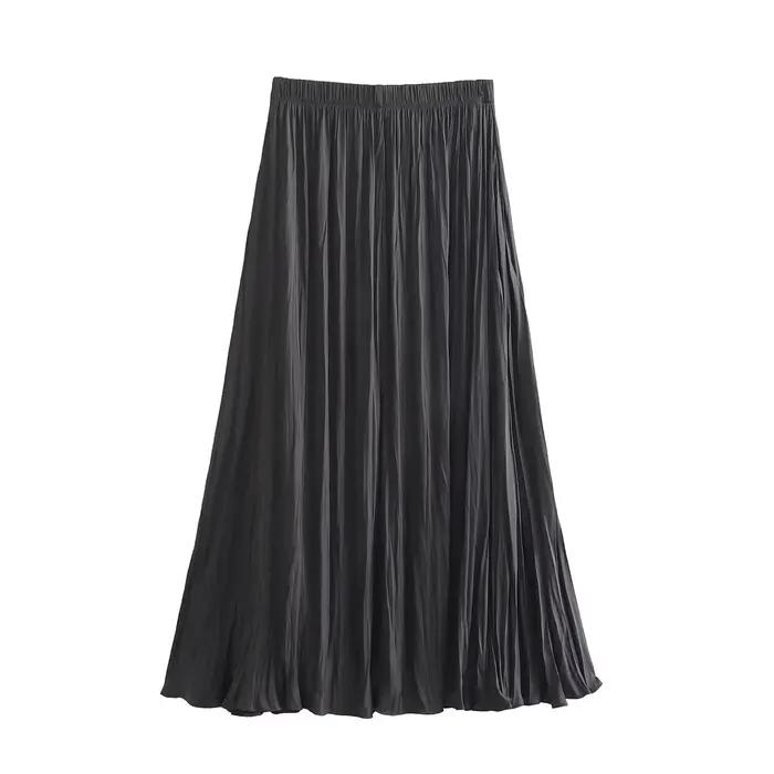 HH femme mode été jupes plissées élégant longue polyvalent couleur unie plis taille élastique femmes