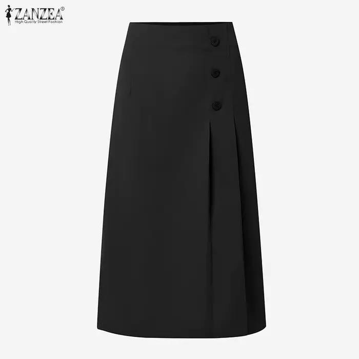ZANZEA Jupe Midi Unie d'Été Élégante pour Femme, Taille Haute, Plissée, Style OL, pour Soirée et Tra