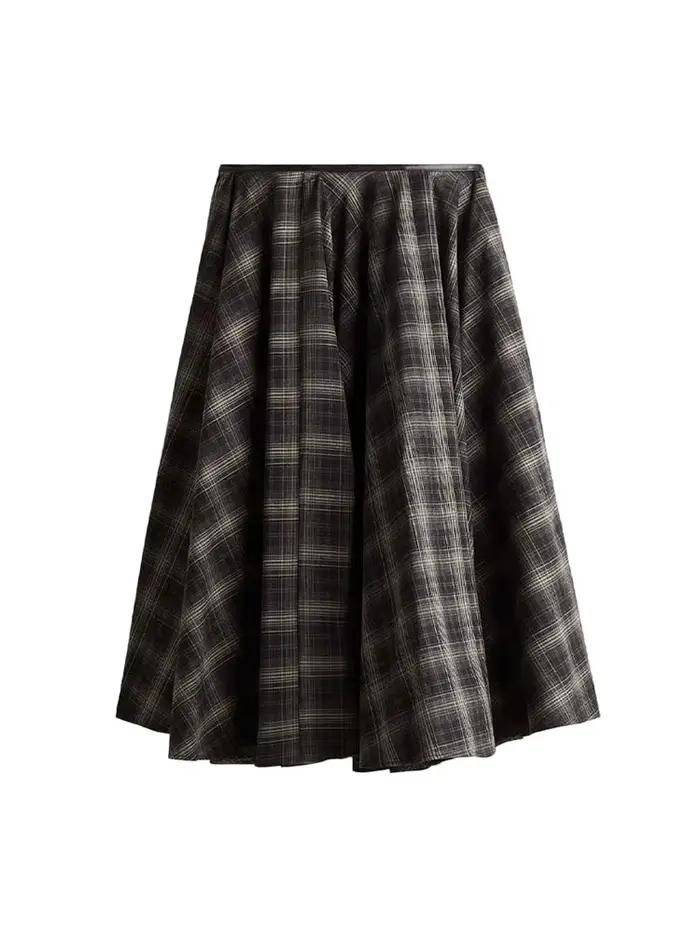 Jupe circulaire imprimée à carreaux pour femmes, élégante, taille haute, surdimensionnée, assortie a