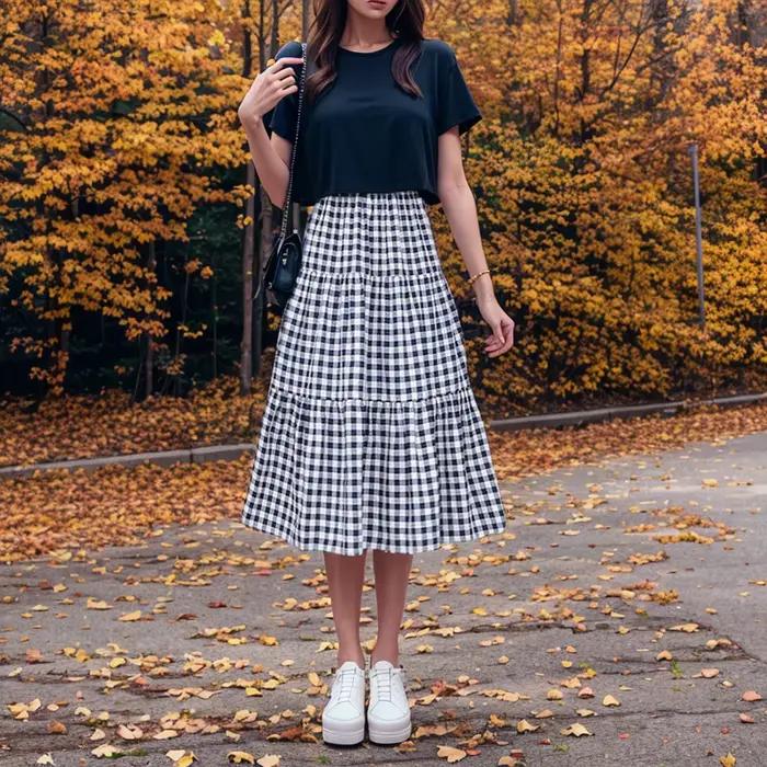 Jupe à plusieurs niveaux en Patchwork pour femmes, Vintage, à carreaux, taille haute, taille élastiq