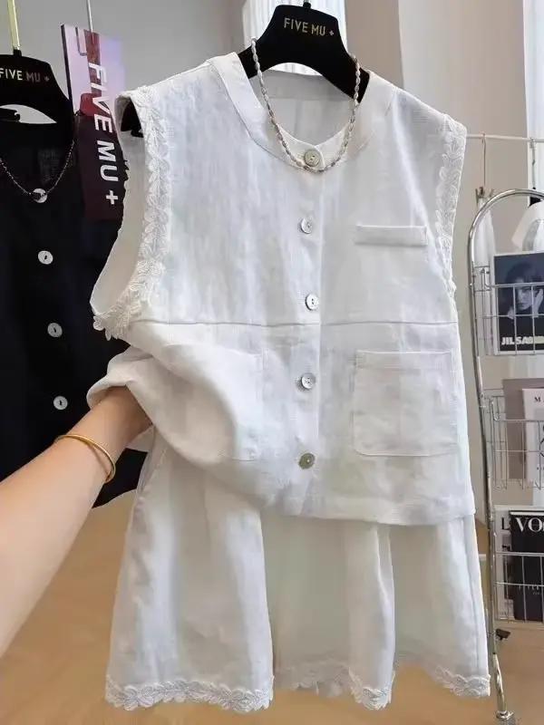 Ensemble deux pièces pour femmes, veste sans manches et jupe, tissu en lin, bordure en dentelle, bou