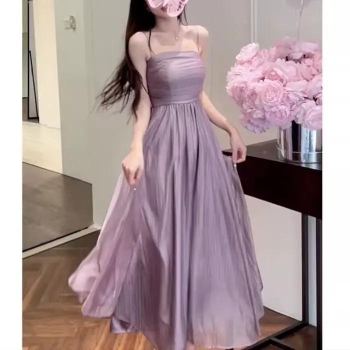 Robe camisole à breloques de style français pour femmes, une ligne, décolleté, jupe mi-longue, robe 