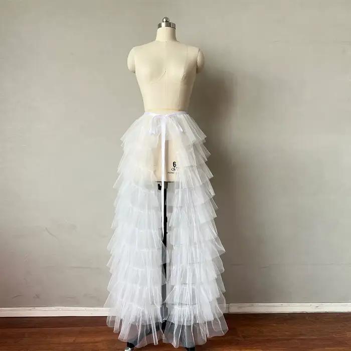 Jupe longue en Tulle à volants détachables pour fête de mariage, couleur unie, maille attachée, long