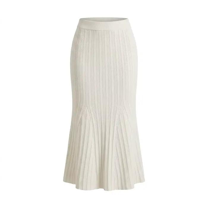 Jupe midi en maille côtelée crème pour femme, taille haute, coupe ajustée, ourlet évasé, décontracté