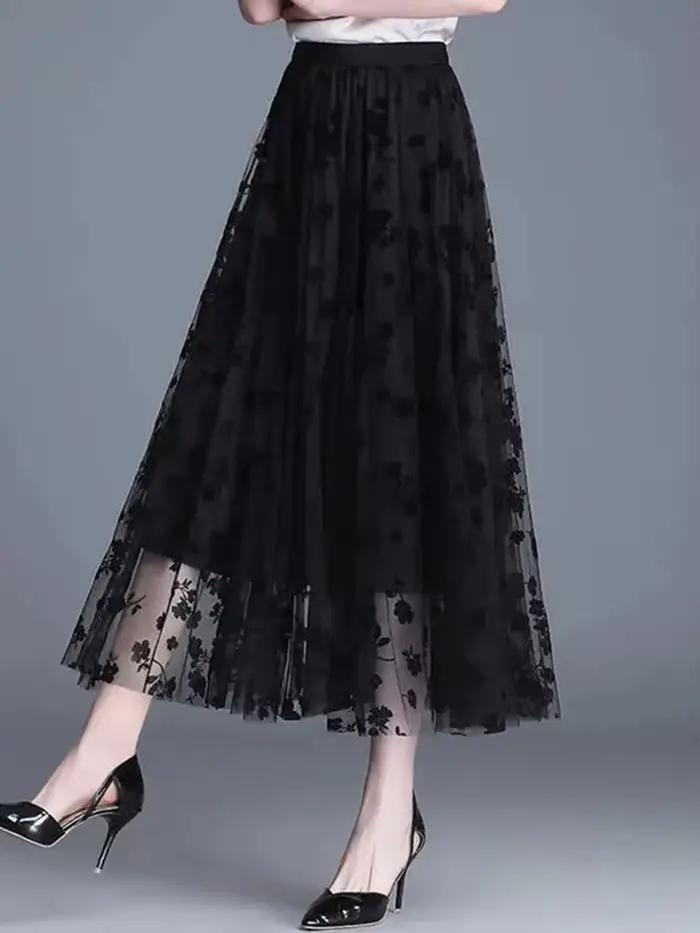 Jupe mi-longue brodée florale pour femmes, taille haute, en Tulle, maille élégante, coréenne, ligne 