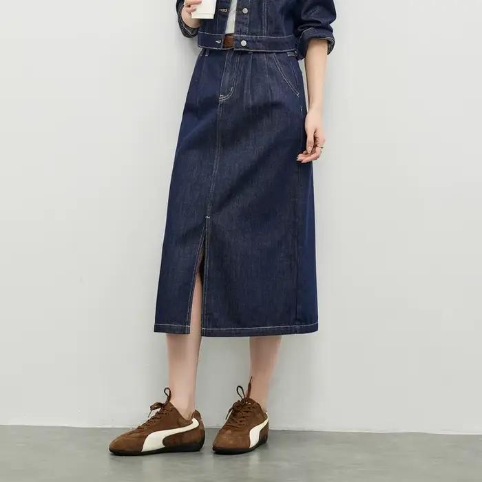 SENTUBILA femmes jupe en jean 2026 printemps coton mélange couture Visible ample une ligne jupe long