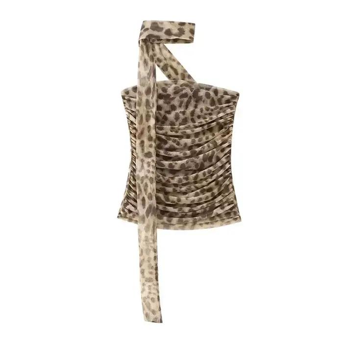 Ensemble jupe et haut pour femme HH, imprimé léopard vintage, avec foulard, haut tube épaules dénudé