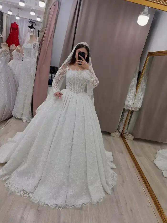Robe de mariée élégante en dentelle, manches longues, robe de bal de luxe, robe de mariée princesse 