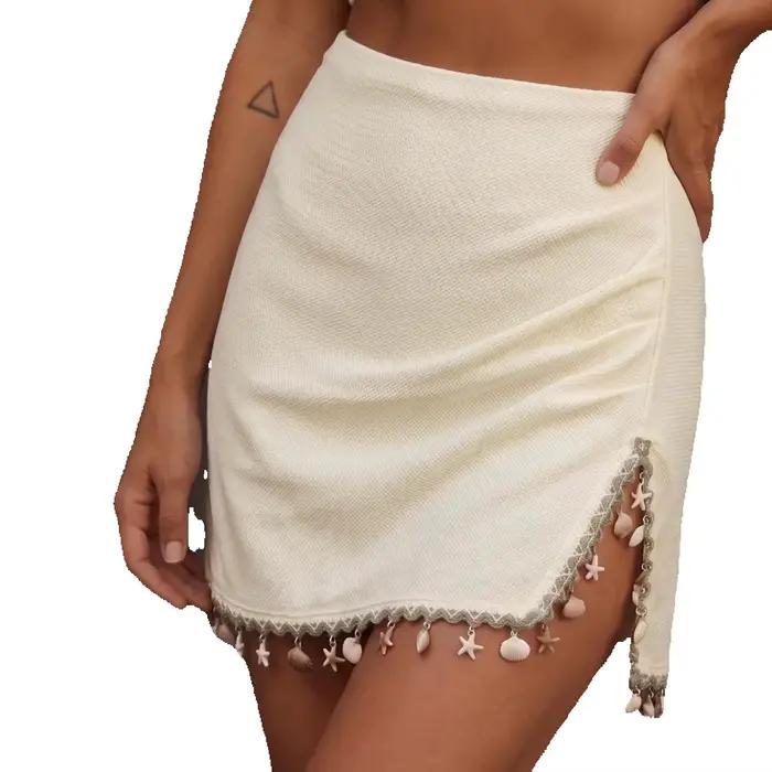 Mini-jupe en crochet de style bohème pour femme avec franges en coquillages et étoiles de mer – Jupe