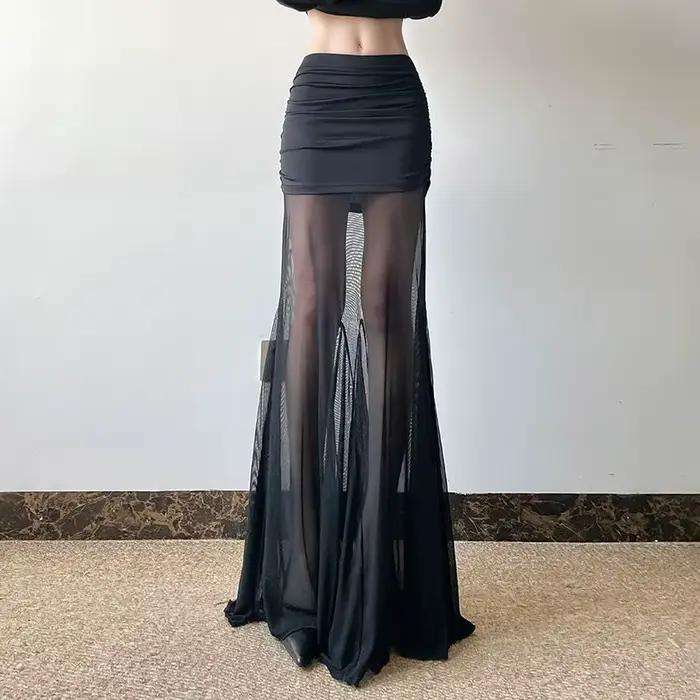 Jupe mi-longue plissée à panneaux en maille, moulante, ligne H, bas gothique noir, Style français, c