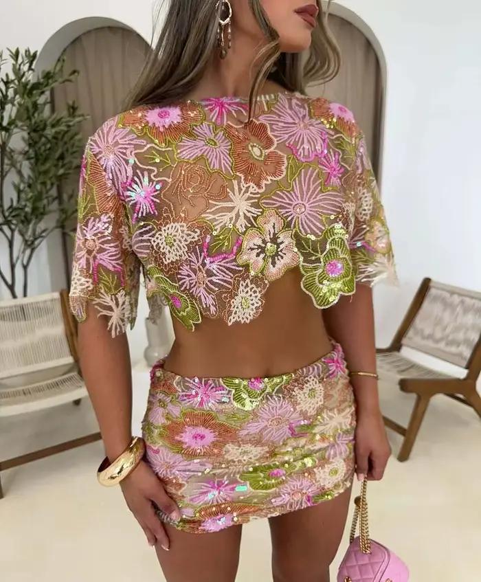 Ensemble de jupes Maxi à paillettes scintillantes, haut court en dentelle transparente, jupe longue,